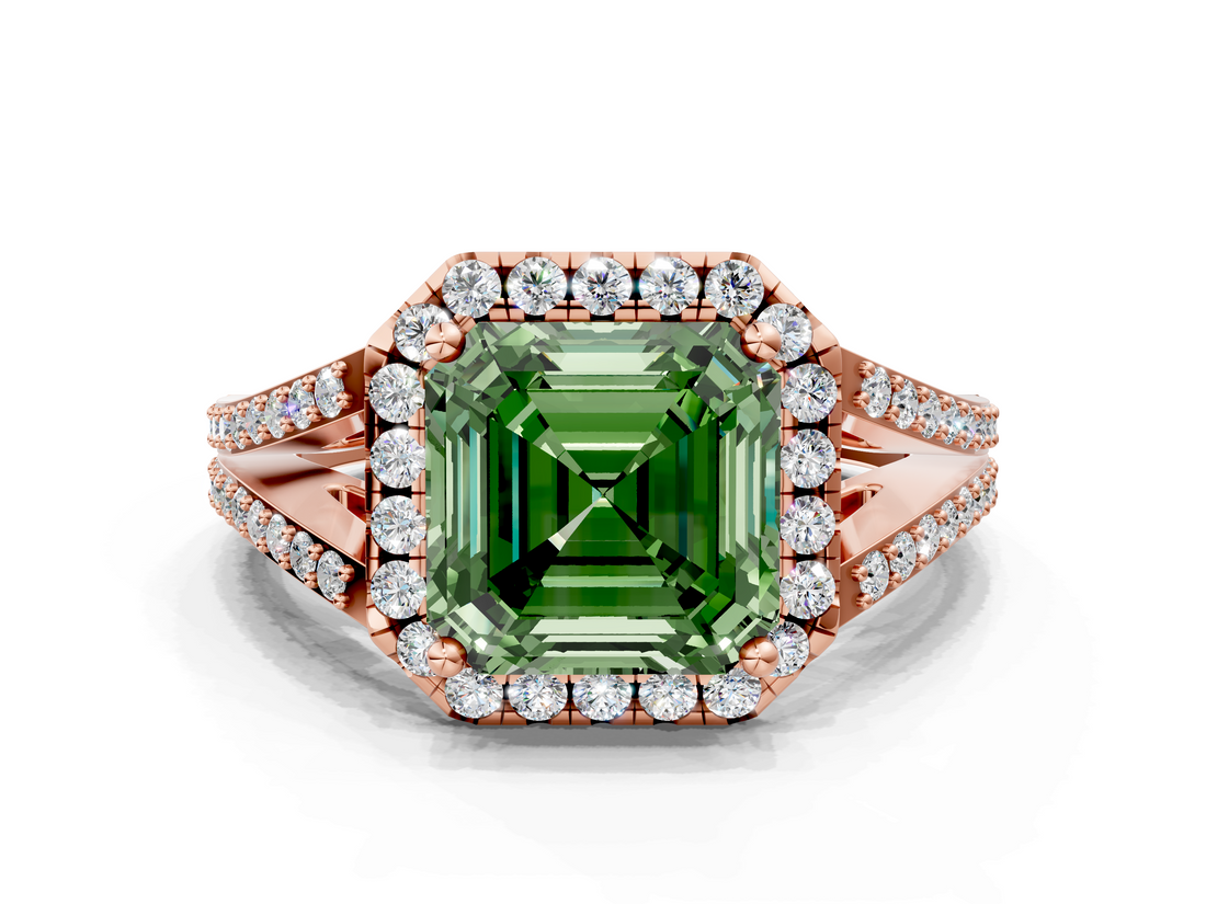 Rose gold Fancy Green Asscher  Halo Split Shank Diamond Ring with Prong Setting
