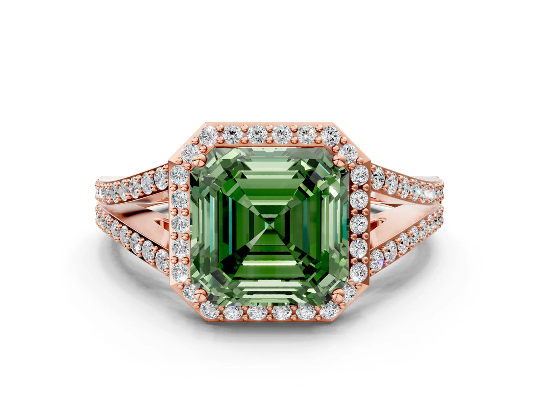 Rose gold Fancy Green Asscher  Halo Split Shank Pave Diamond Ring with Four-Prong Setting_46