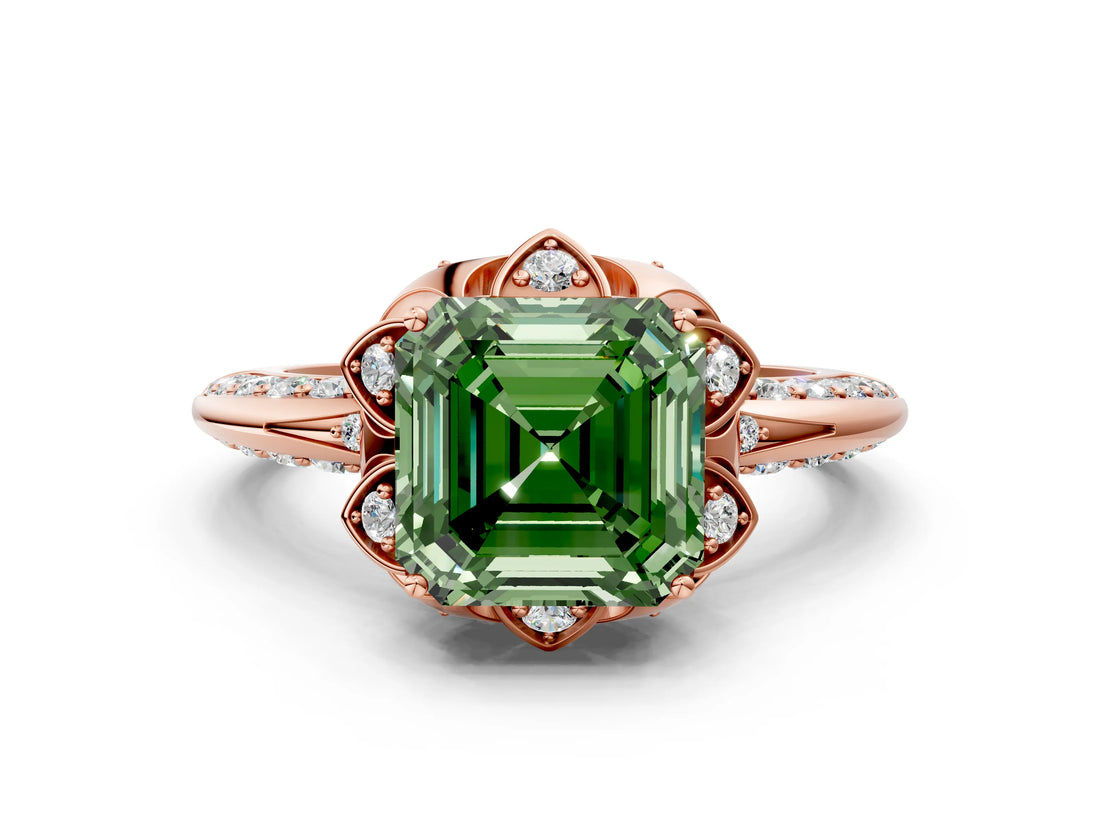 Rose gold Fancy Green Asscher  Halo Split Shank Pave Diamond Ring with Petal Prong Setting_20