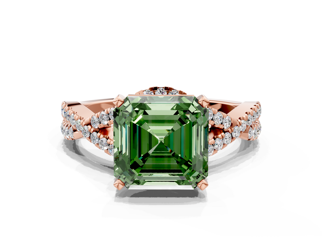 Rose gold Fancy Green Asscher  Halo Twist Band Solitaire Prong Setting Ring