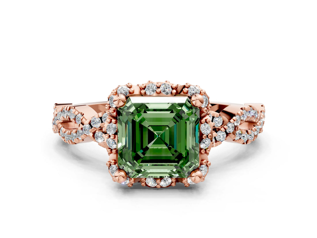 Rose gold Fancy Green Asscher  Halo Twist Band Solitaire Ring with Six-Prong Setting_32