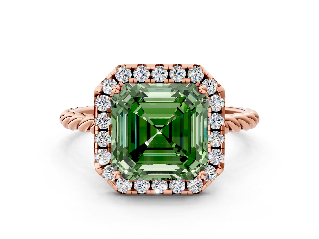 Rose gold Fancy Green Asscher  Halo Twisted Band Four-Prong Diamond Ring