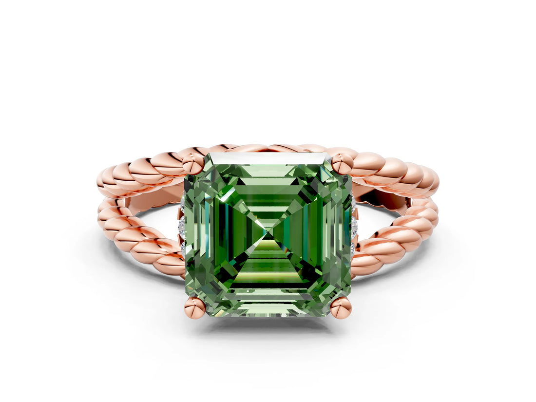 Rose gold Fancy Green Asscher  Halo Twisted Band Four-Prong Ring_33