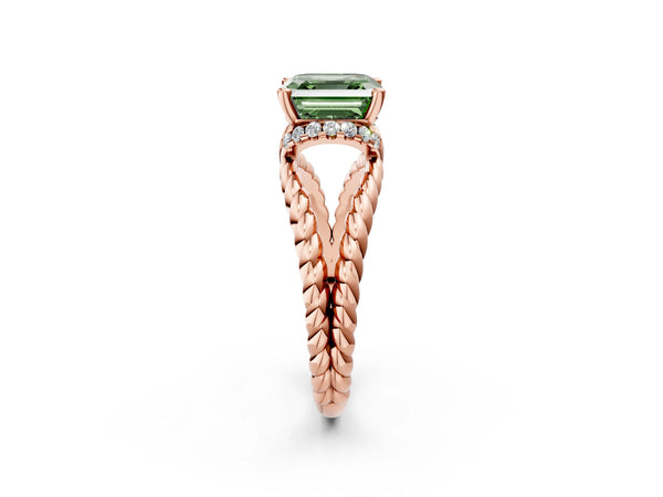 Rose Gold Asscher Cut Engagement Ring Setting for Fancy Green Center with Rope Split Shank
