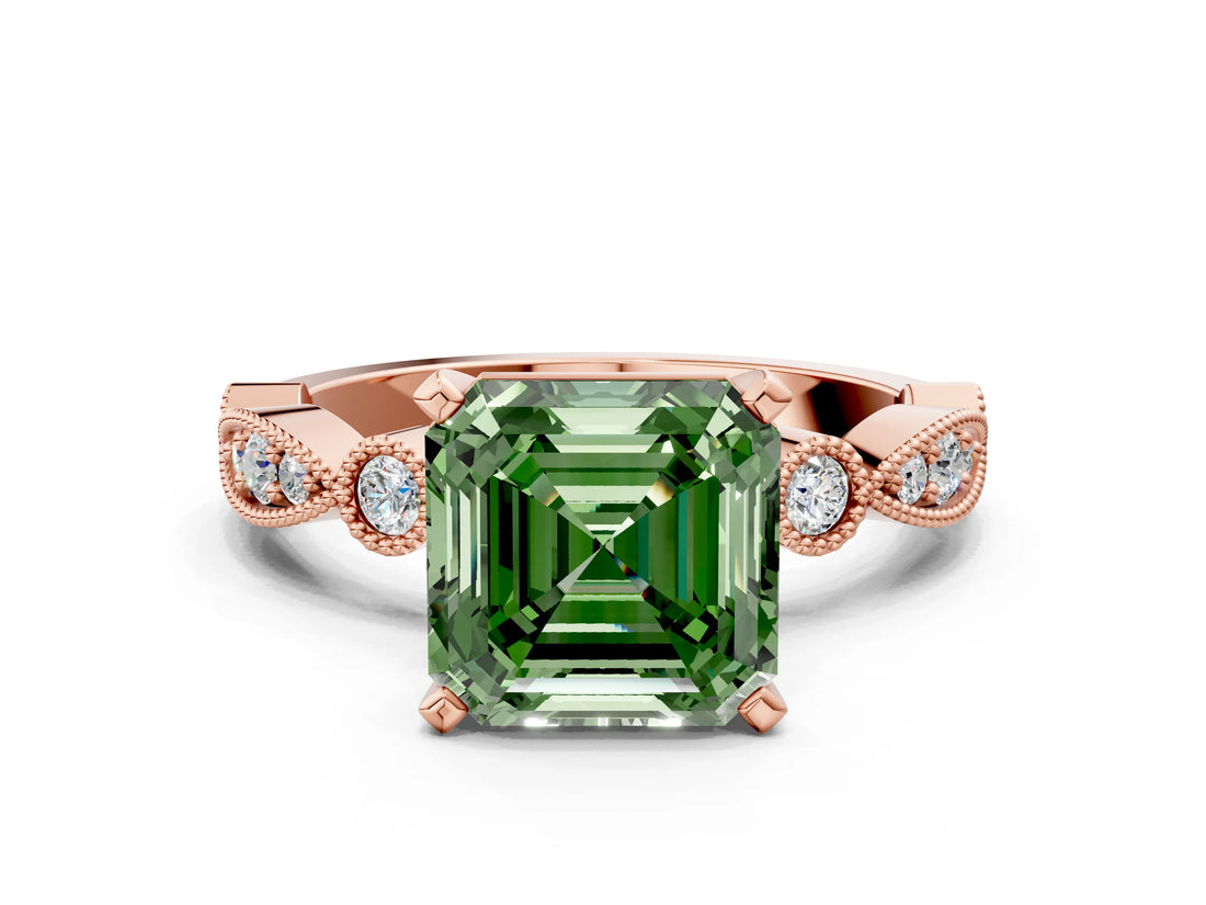 Rose gold Fancy Green Asscher  Milgrain Bezel Diamond Engagement Ring with Solitaire Prong Setting_29