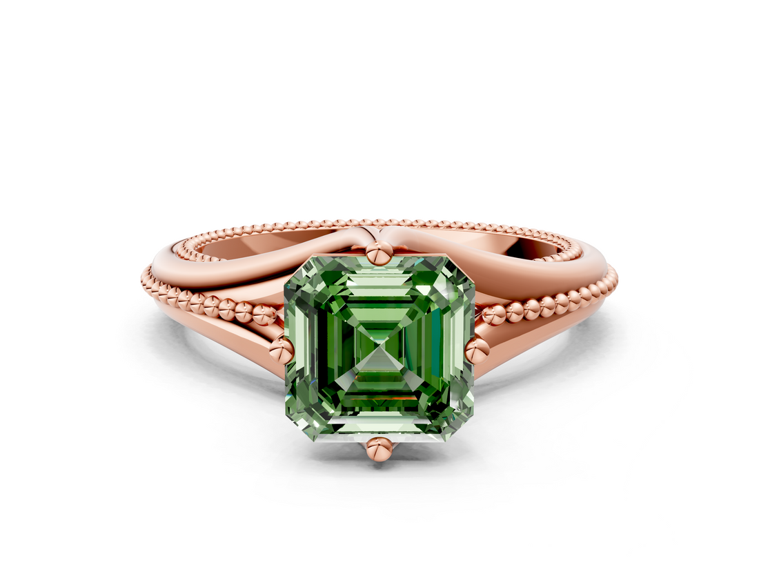 Rose gold Fancy Green Asscher  Solitaire Beaded Band Six-Prong Setting