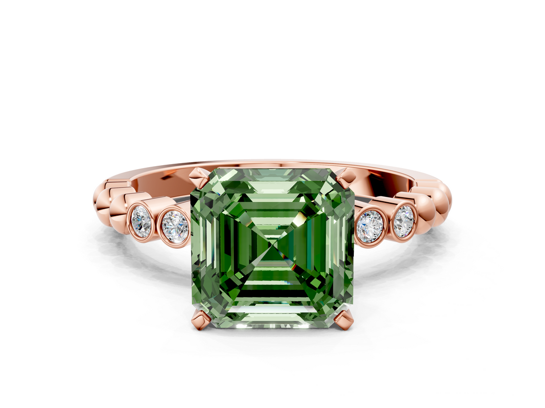 Rose gold Fancy Green Asscher  Solitaire Bezel Accent Diamond Engagement Ring with Beaded Band and Four-Prong Setting