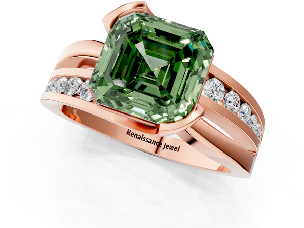 Rose gold Fancy Green Asscher  Solitaire Channel-Set Split Shank Ring with Tension Prong Setting