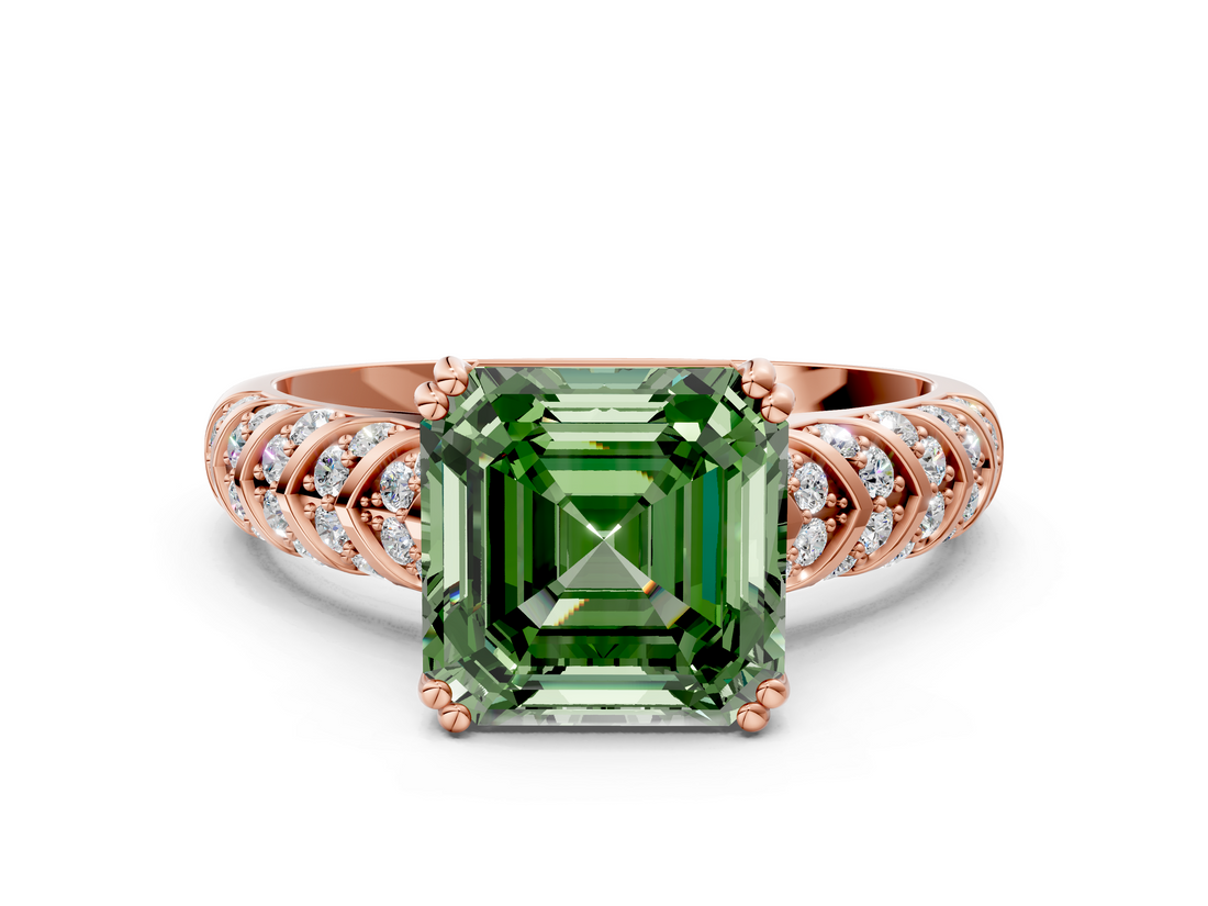 Rose gold Fancy Green Asscher  Solitaire Chevron Pave Diamond Engagement Ring with Six-Prong Setting