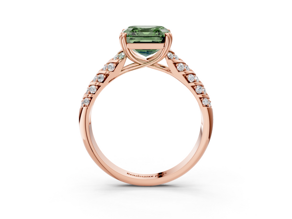 Rose Gold Asscher Cut Chevron Pave Solitaire Engagement Ring Setting for Fancy Green Center