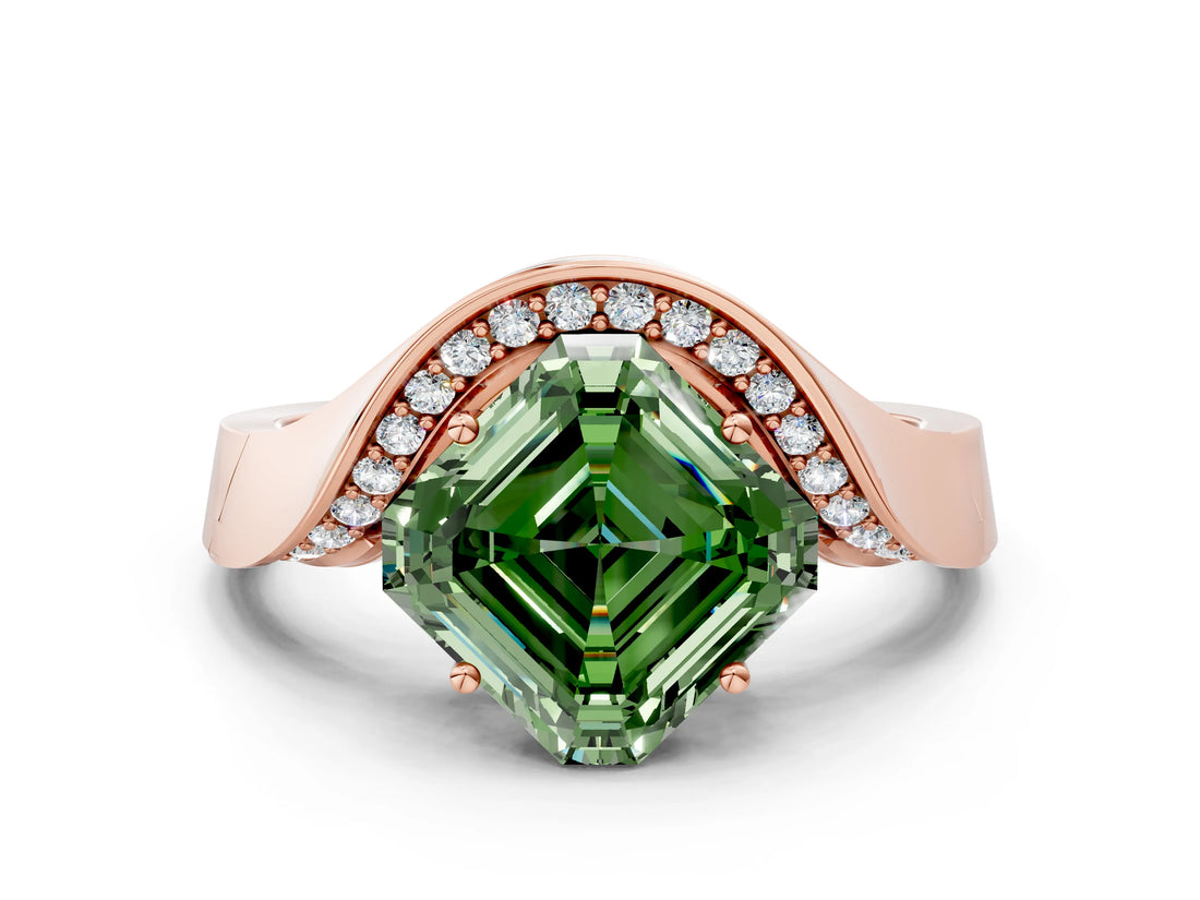 Rose gold Fancy Green Asscher  Solitaire Diamond Engagement Ring with Pave Band and Four-Prong Setting 1
