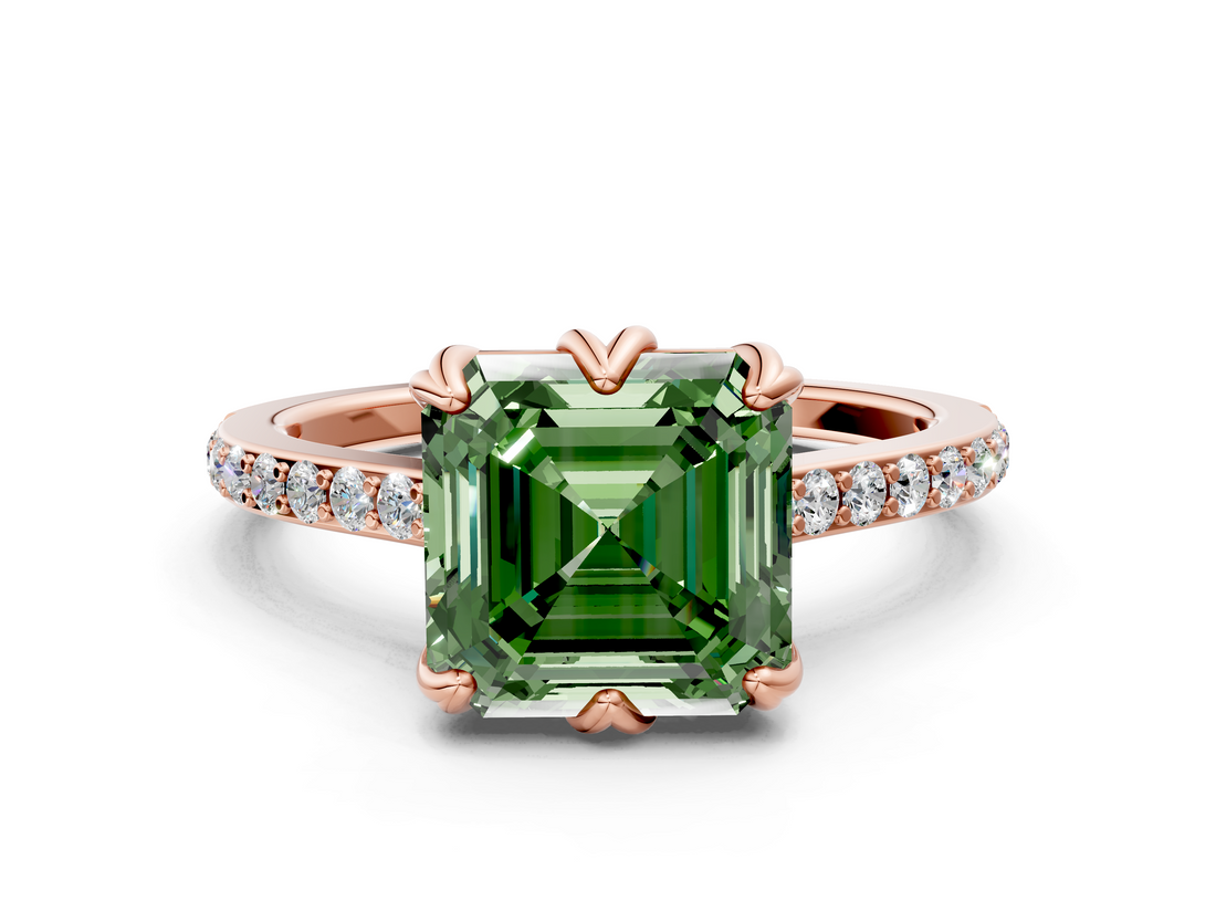 Rose gold Fancy Green Asscher  Solitaire Diamond Engagement Ring with Pave Band and Six-Prong Setting