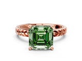 Rose gold Fancy Green Asscher  Solitaire Diamond Engagement Ring with XO Engraved Band and Four-Prong Setting