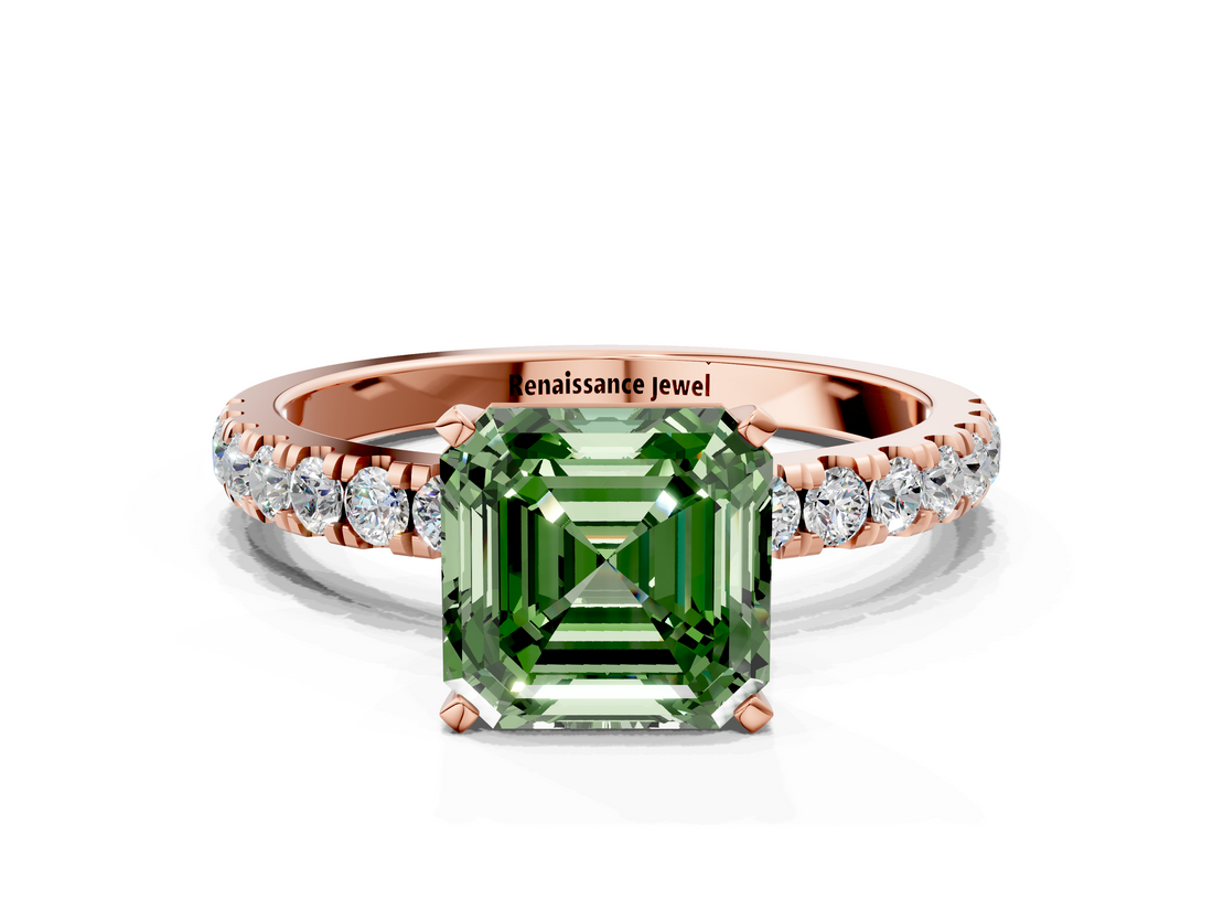 Rose gold Fancy Green Asscher  Solitaire Diamond Pavé Band with Four-Prong Setting