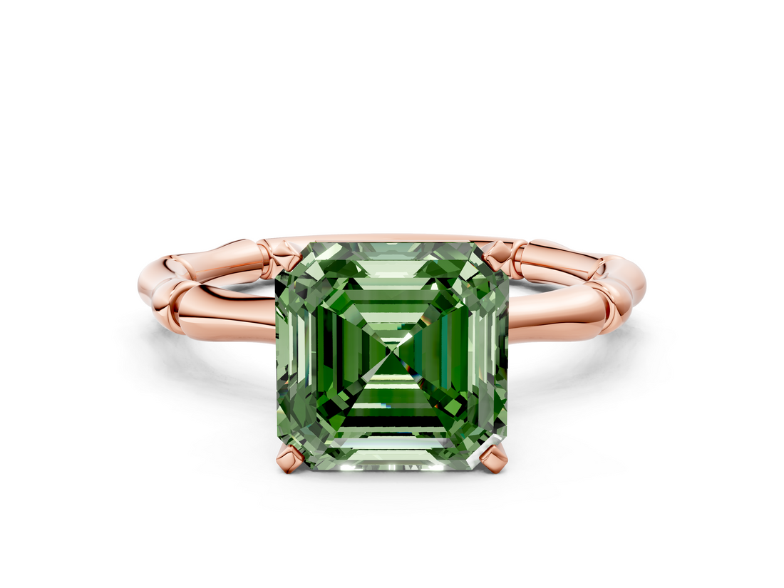 Rose gold Fancy Green Asscher  Solitaire Diamond Ring with Bamboo Band and Four-Prong Setting_17