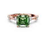 Rose gold Fancy Green Asscher  Solitaire Diamond Ring with Bezel Set Side Stones and Prong Setting