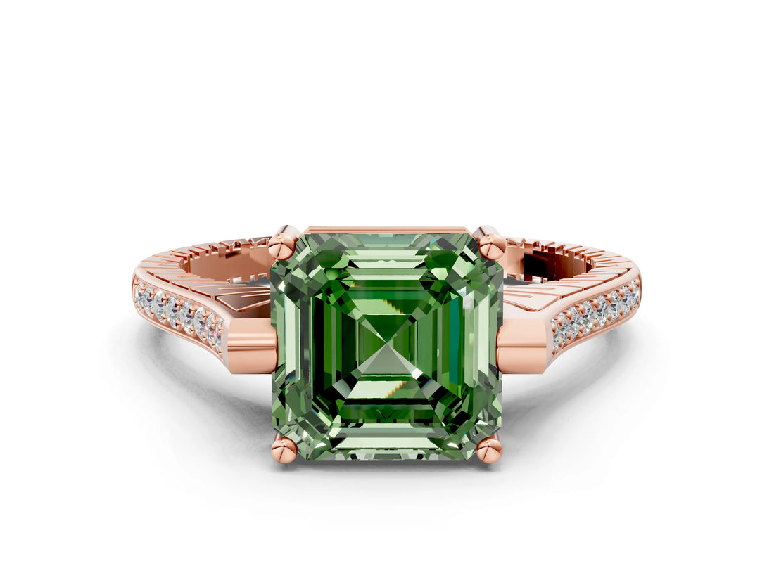 Rose gold Fancy Green Asscher  Solitaire Diamond Ring with Channel Set Band and Bezel Prong Setting_56