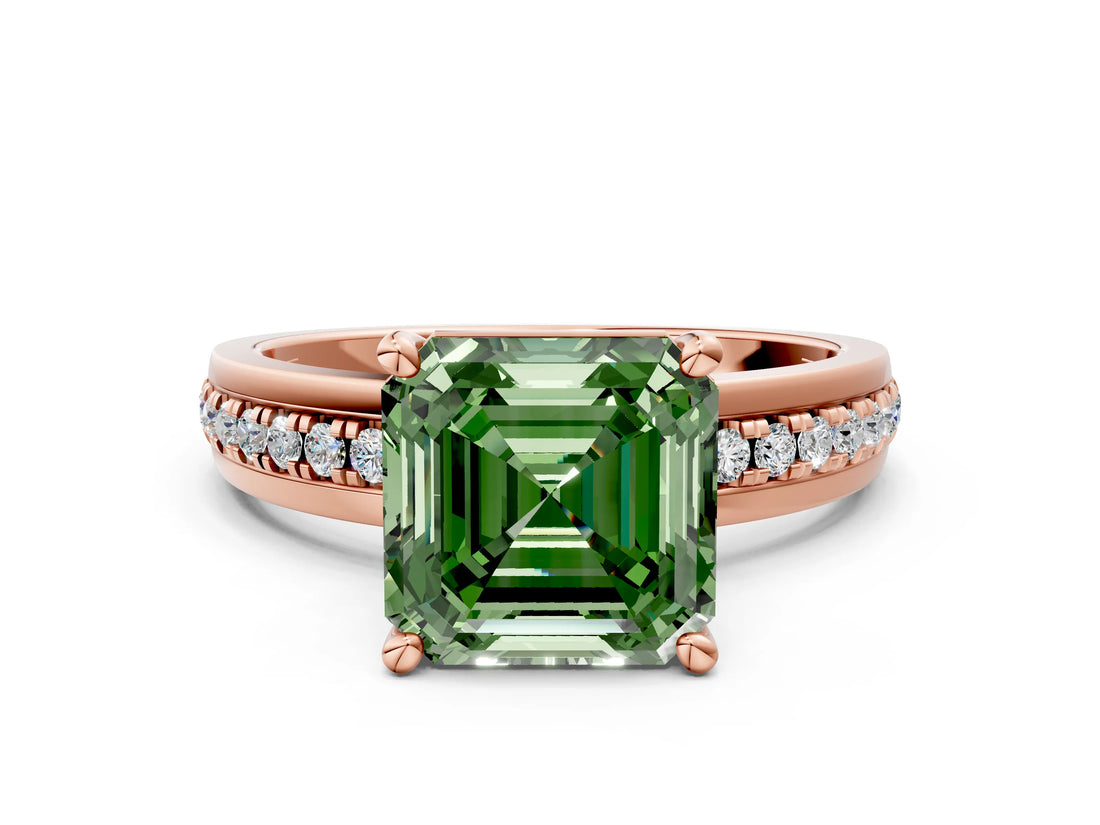Rose gold Fancy Green Asscher  Solitaire Diamond Ring with Channel Set Band and Six-Prong Setting_34