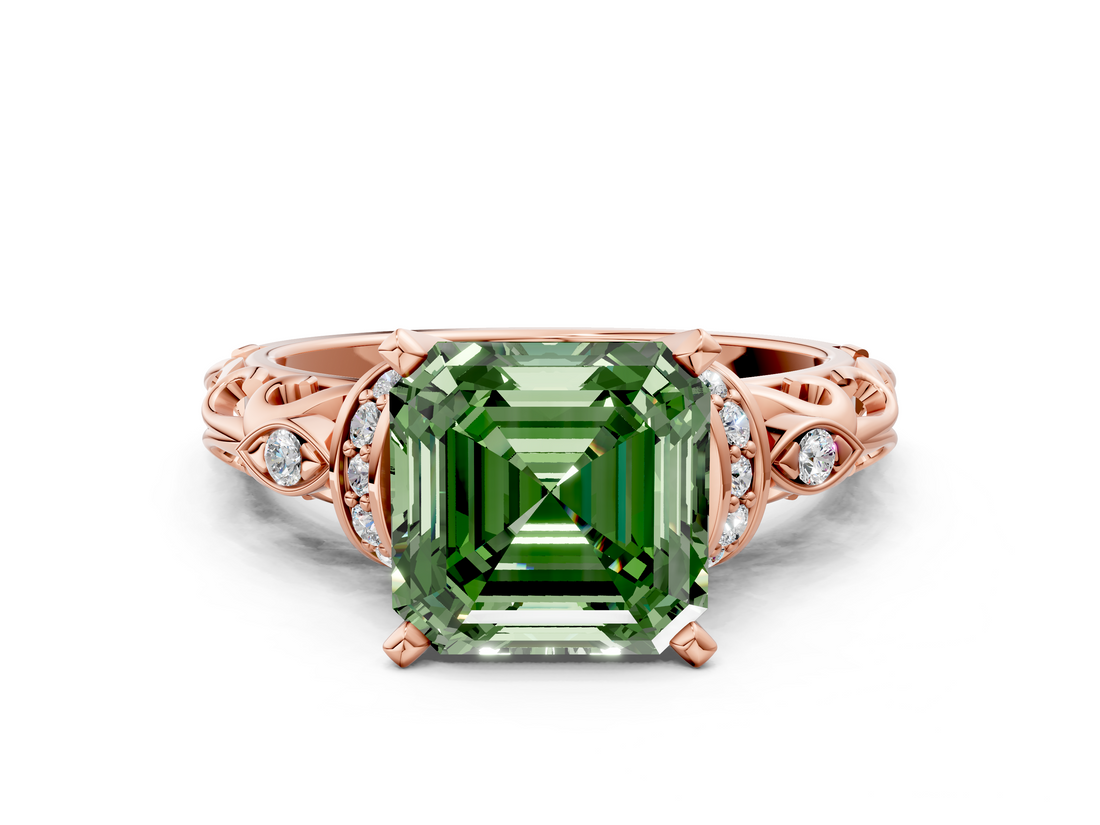 Rose gold Fancy Green Asscher  Solitaire Diamond Ring with Filigree Band and Four-Prong Setting