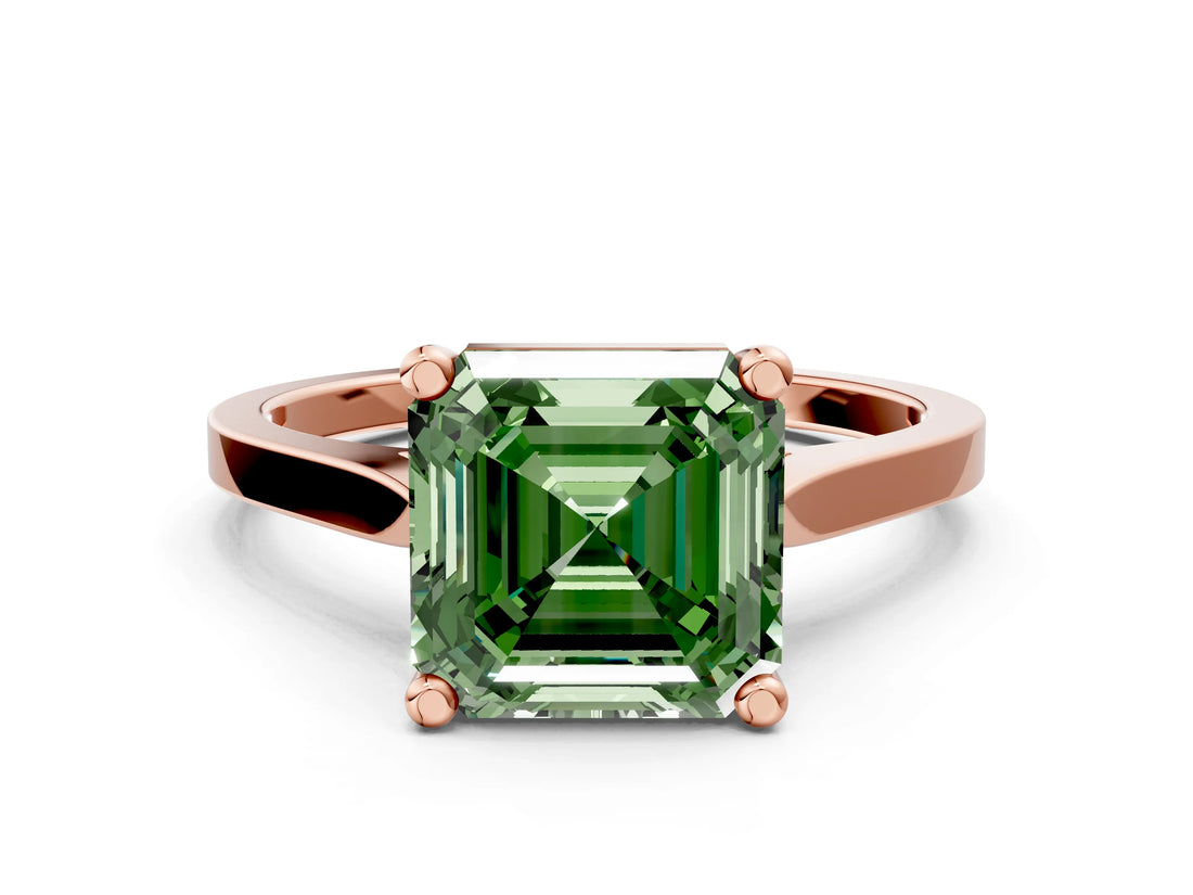 Rose gold Fancy Green Asscher  Solitaire Diamond Ring with Four-Prong Setting and Tapered Band 2