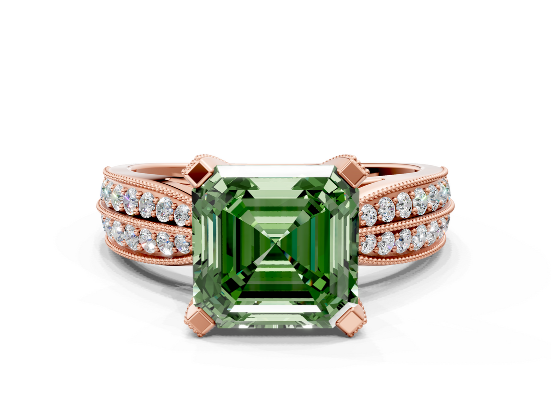 Rose gold Fancy Green Asscher  Solitaire Diamond Ring with Milgrain Pavé Band and Four-Prong Setting_53