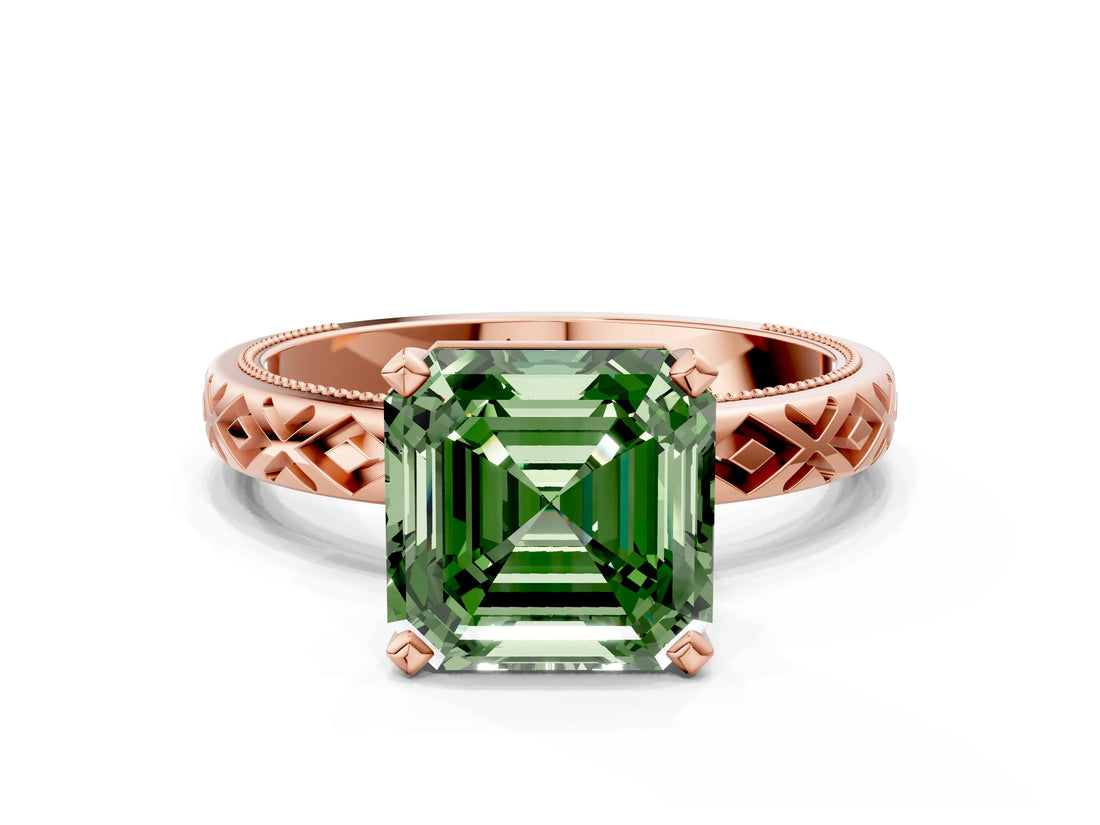 Rose gold Fancy Green Asscher  Solitaire Diamond Ring with Milgrain and Black Enamel X Pattern Band_47