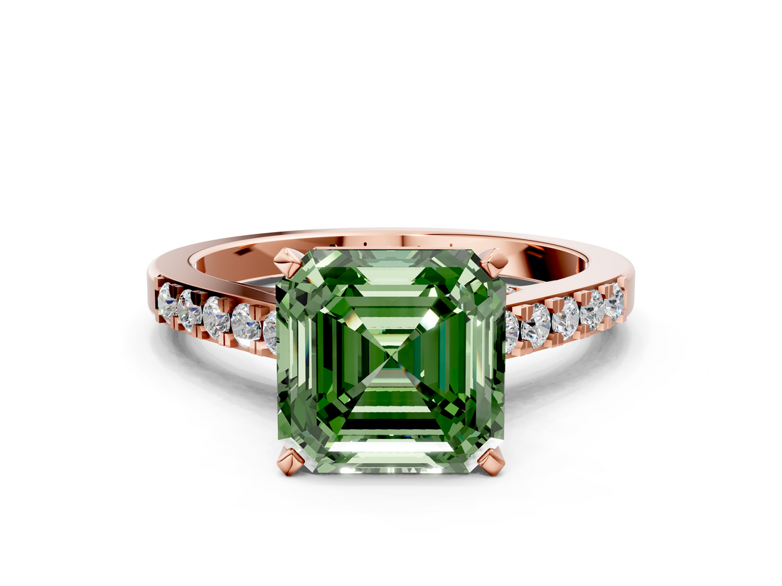 Rose gold Fancy Green Asscher  Solitaire Diamond Ring with Pavé Band and Four-Prong Setting