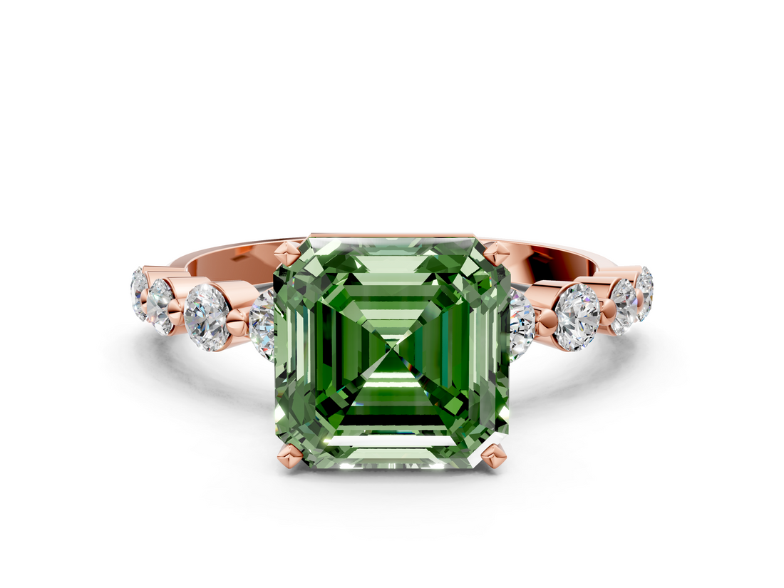 Rose gold Fancy Green Asscher  Solitaire Diamond Ring with Pave Band and Four-Prong Setting_16