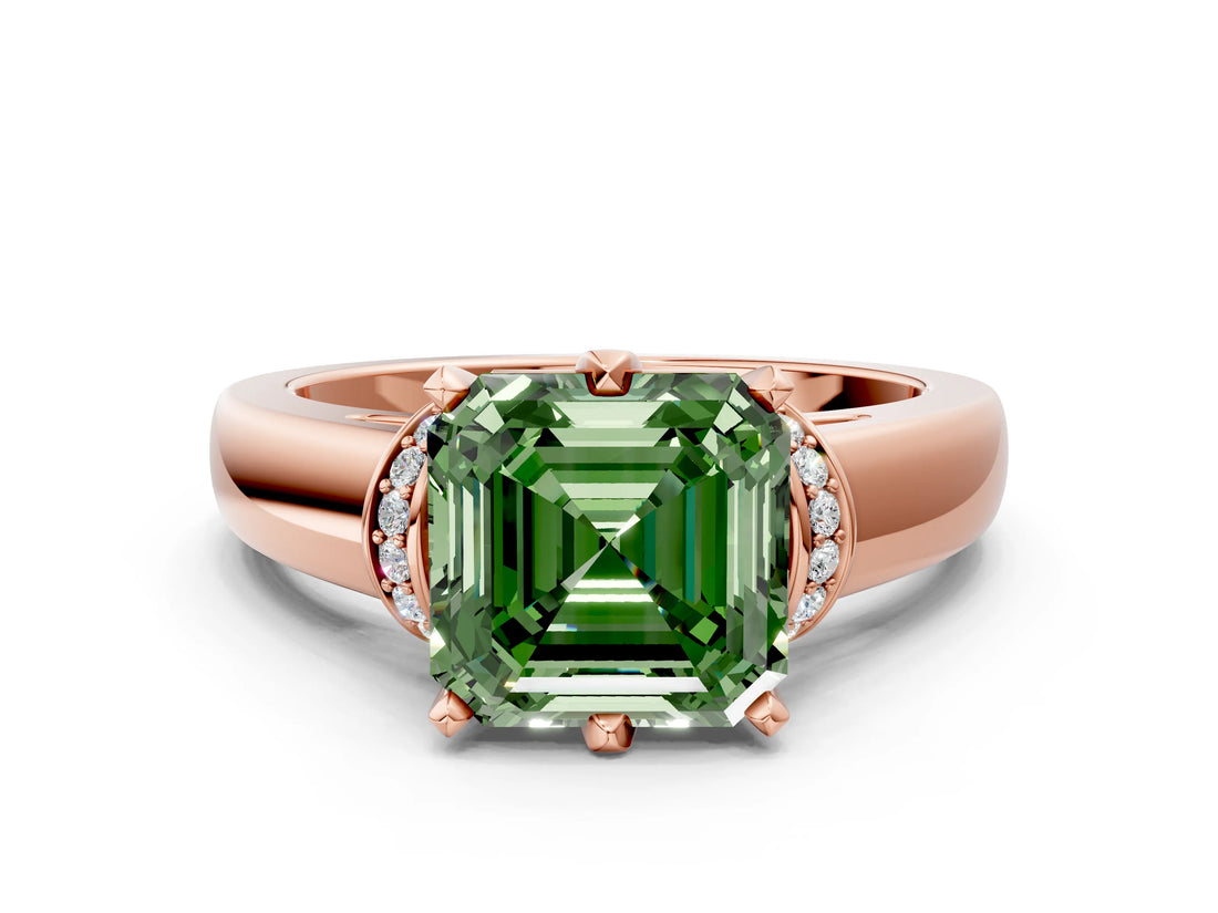 Rose gold Fancy Green Asscher  Solitaire Diamond Ring with Pave Band and Six-Prong Setting_28