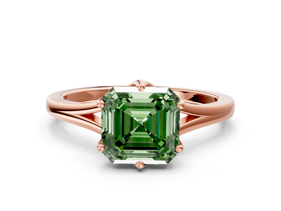 Rose gold Fancy Green Asscher  Solitaire Diamond Ring with Six-Prong Setting and Tapered Band_18