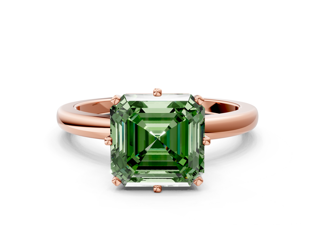 Rose gold Fancy Green Asscher  Solitaire Diamond Ring with Six-Prong Setting on a Classic Band