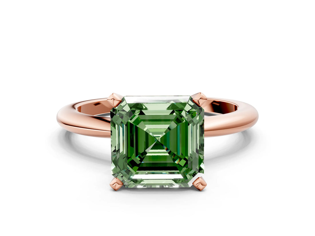 Rose gold Fancy Green Asscher  Solitaire Diamond Ring with Six-Prong Setting on a Classic Band