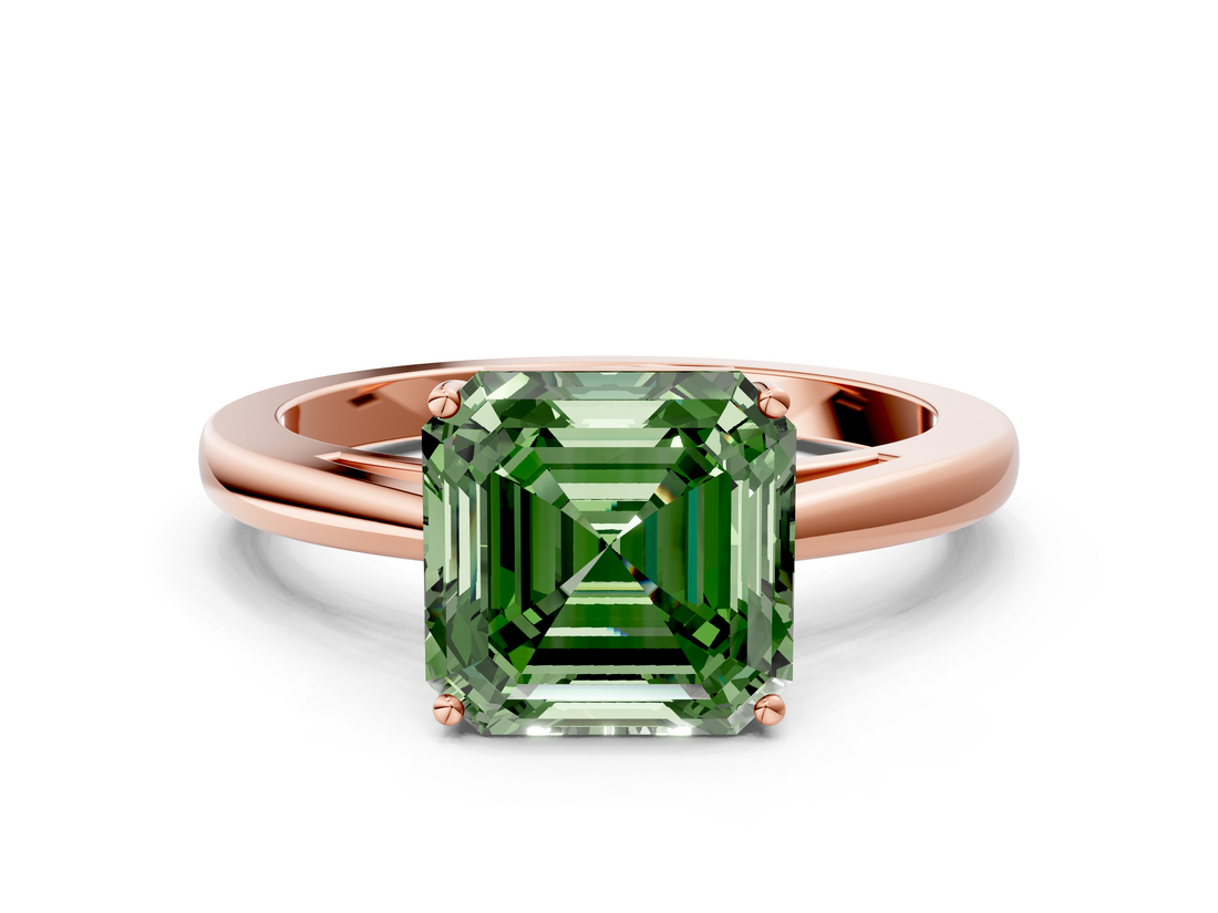 Rose gold Fancy Green Asscher  Solitaire Diamond Ring with Split Shank and Four-Prong Setting