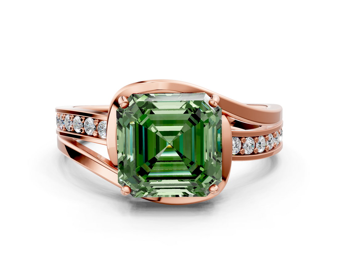 Rose gold Fancy Green Asscher  Solitaire Diamond Ring with Split Shank and Prong Setting
