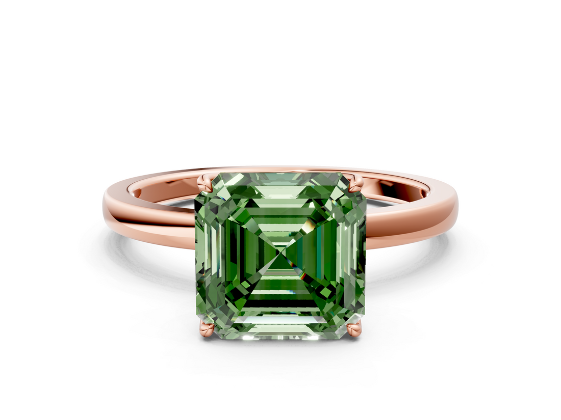 Rose gold Fancy Green Asscher  Solitaire Diamond Ring with Thin Band and Four-Prong Setting
