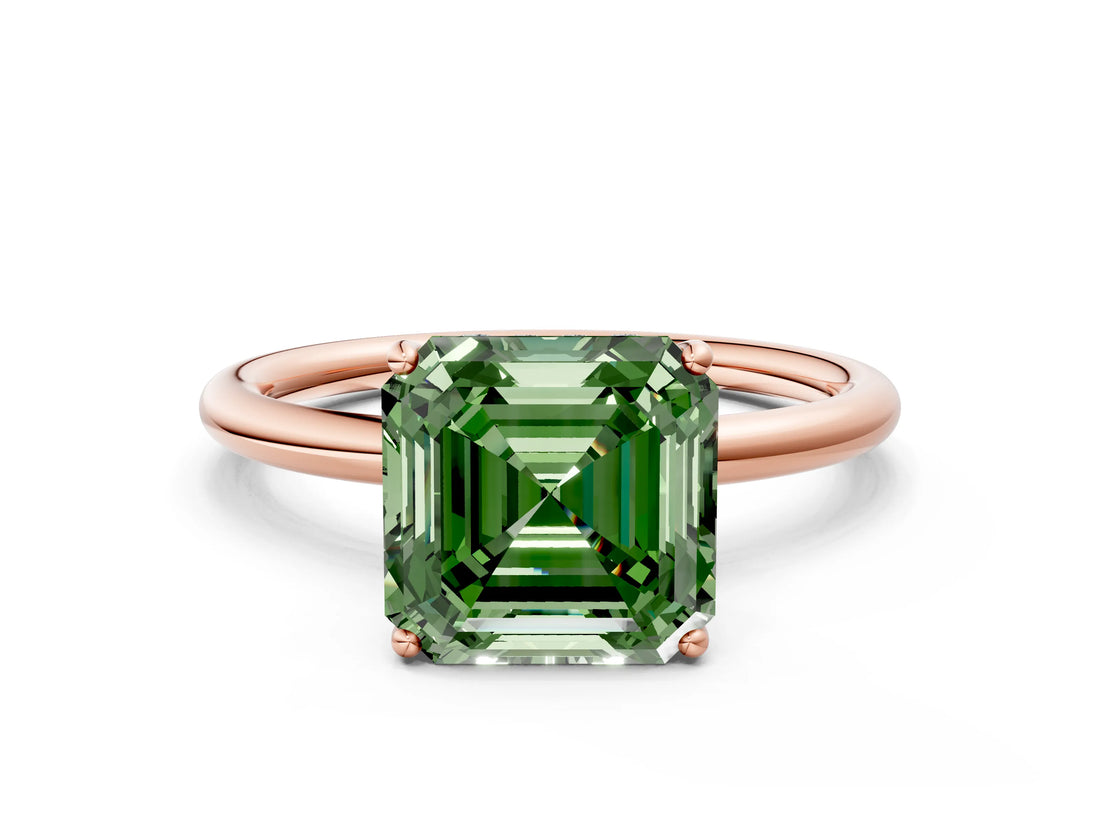 Rose gold Fancy Green Asscher  Solitaire Diamond Ring with a Classic Band and Four-Prong Setting 1