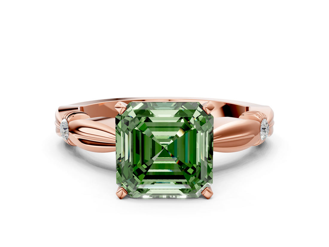 Rose gold Fancy Green Asscher  Solitaire Diamond Twisted Band with Four-Prong Setting
