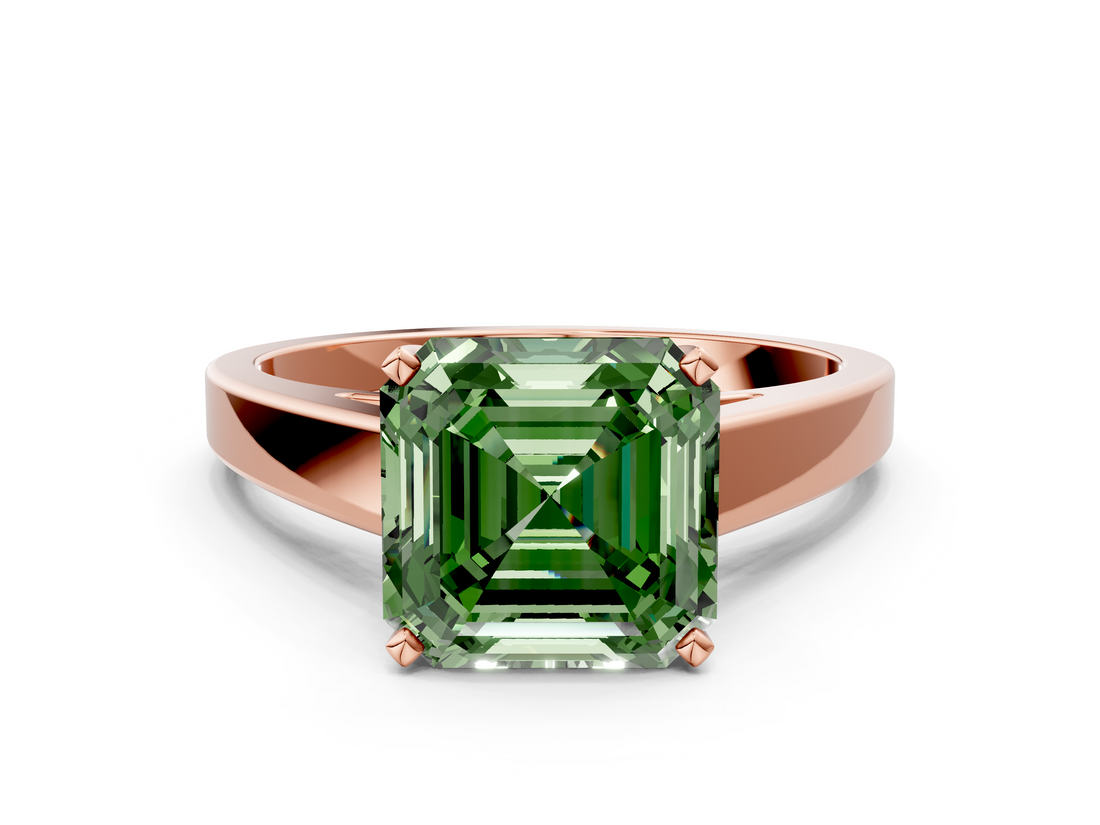 Rose gold Fancy Green Asscher  Solitaire Engagement Ring with Four-Prong Setting and Tapered Band_20