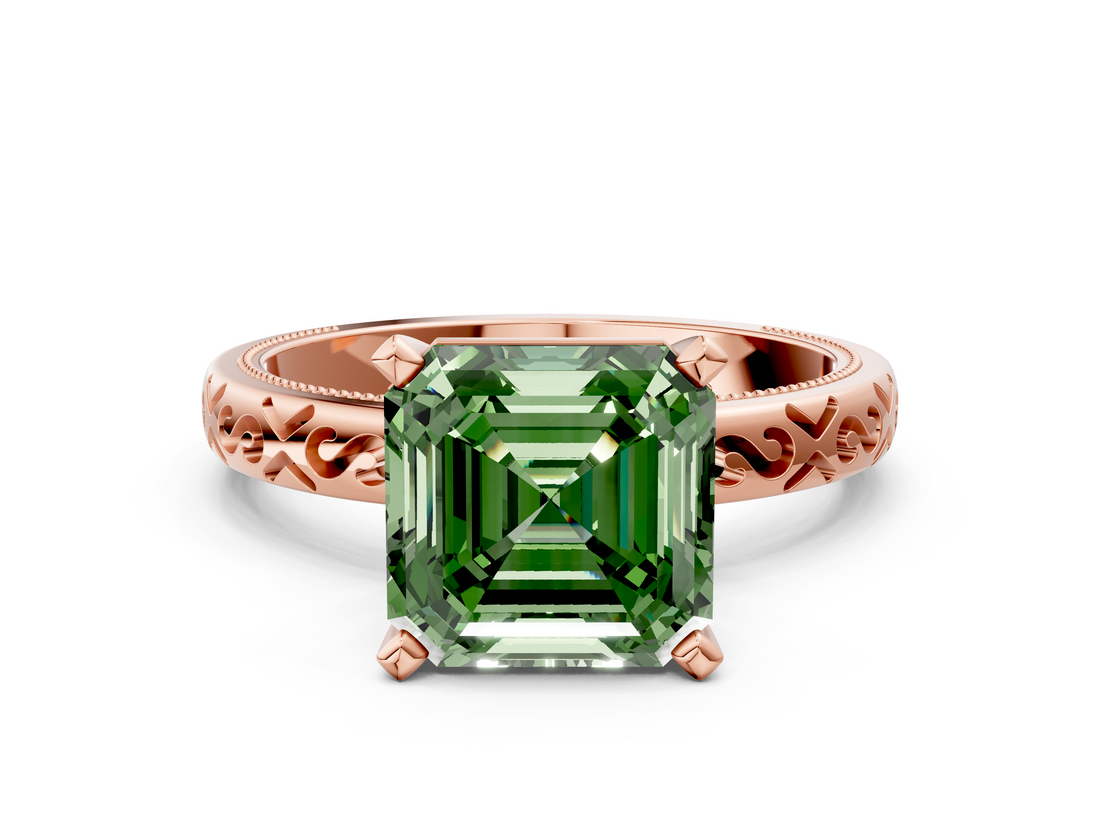 Rose gold Fancy Green Asscher  Solitaire Engagement Ring with Scrollwork Band and Four-Prong Setting_18