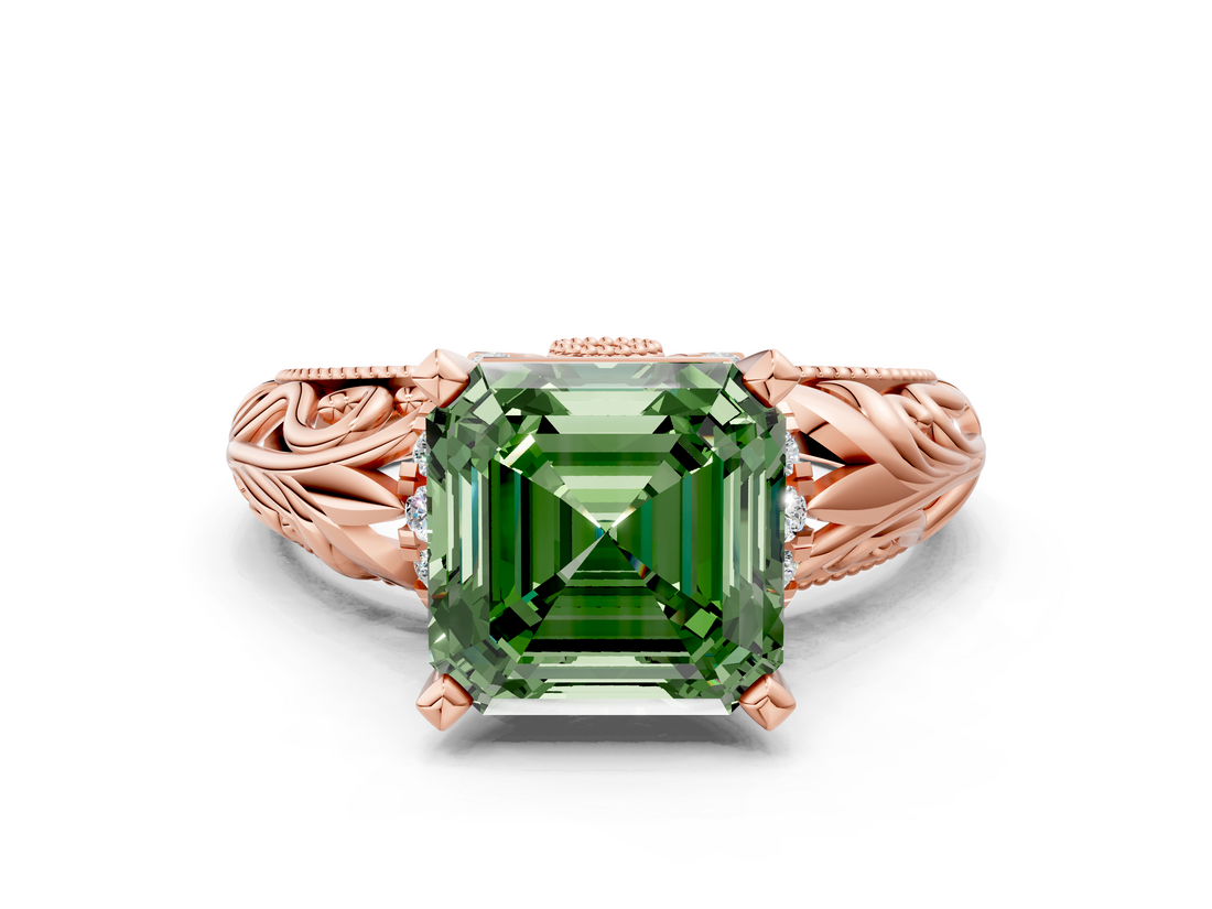 Rose gold Fancy Green Asscher  Solitaire Filigree Engagement Ring with Halo and Prong Setting_17