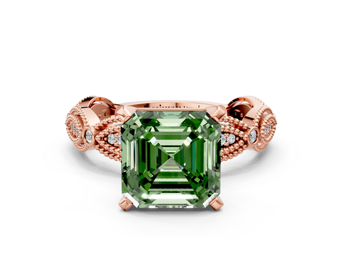 Rose gold Fancy Green Asscher  Solitaire Milgrain Diamond Engagement Ring with Bezel and Marquise Band