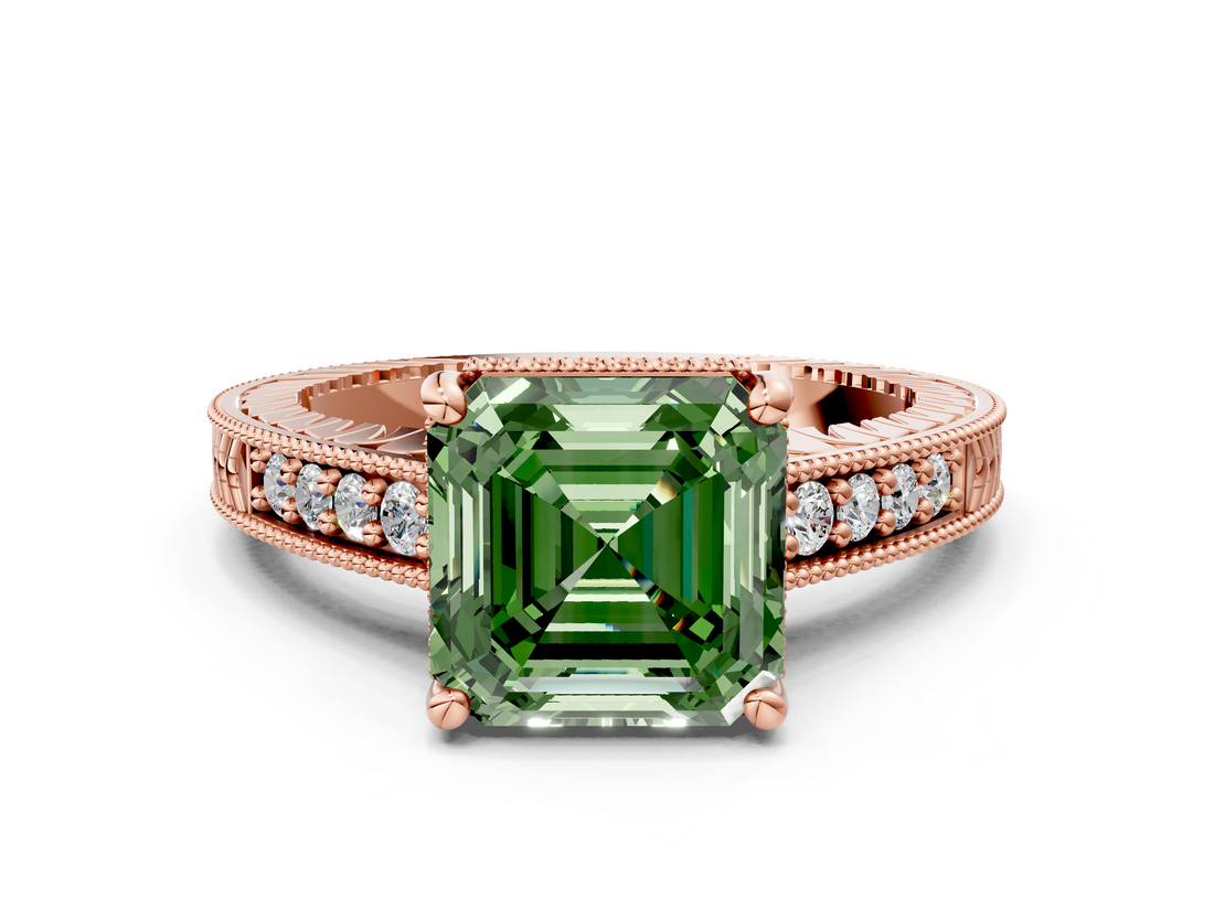 Rose gold Fancy Green Asscher  Solitaire Pavé Diamond Milgrain Engagement Ring with Four-Prong Setting