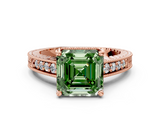 Rose gold Fancy Green Asscher  Solitaire Pavé Diamond Milgrain Engagement Ring with Four-Prong Setting