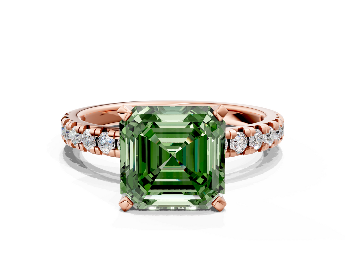 Rose gold Fancy Green Asscher  Solitaire Pave Diamond Engagement Ring with Four-Prong Setting