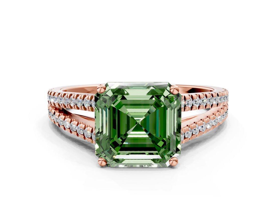 Rose gold Fancy Green Asscher  Solitaire Split Shank Pavé Diamond Engagement Ring