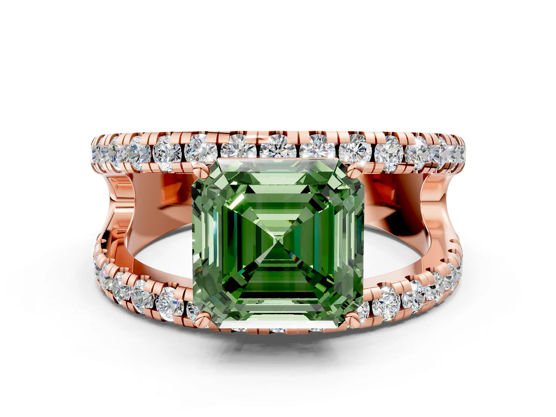 Rose gold Fancy Green Asscher  Solitaire Split Shank Pave Diamond Ring_47