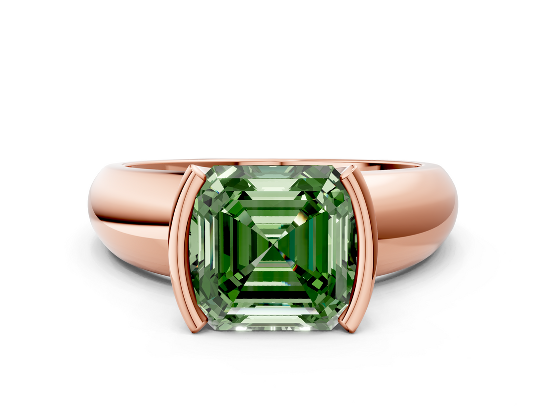 Rose gold Fancy Green Asscher  Solitaire Tension Set Diamond Ring with Wide Band
