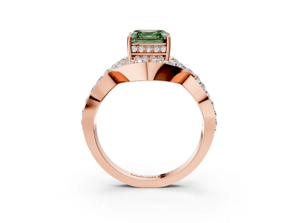 Rose Gold Asscher Cut Infinity Twist Pave Engagement Ring Setting for Fancy Green Center