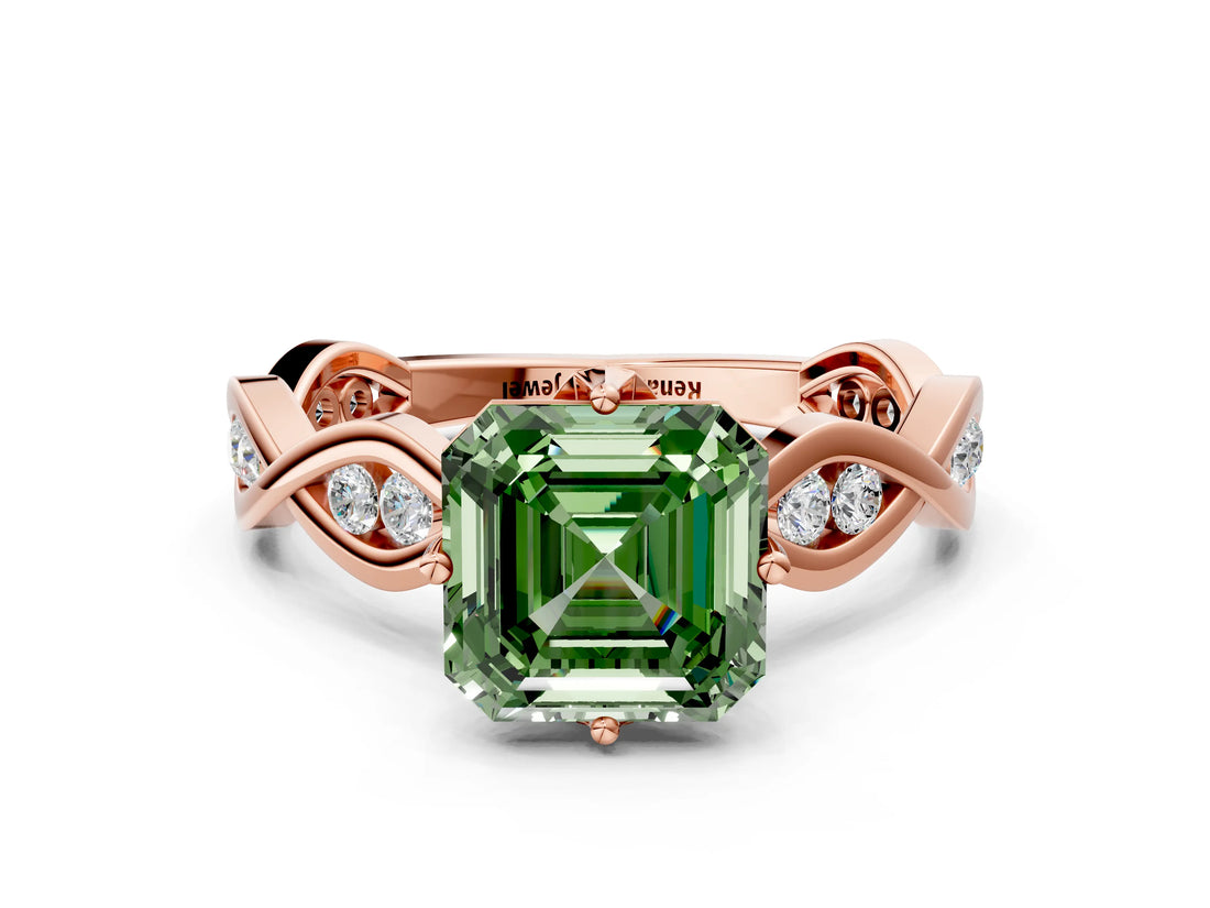 Rose gold Fancy Green Asscher  Solitaire Twist Band with Leaf Prong Setting_26