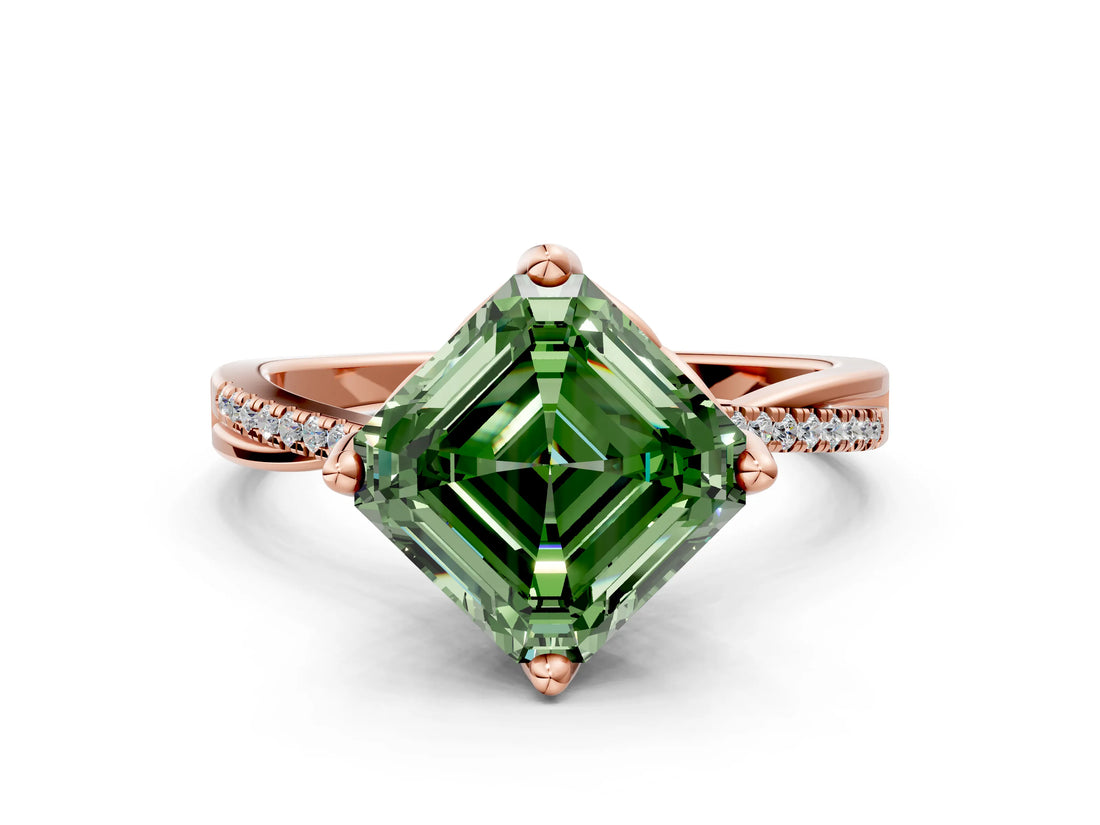 Rose gold Fancy Green Asscher  Solitaire Twist Band with Pavé Diamonds and Four-Prong Setting_92
